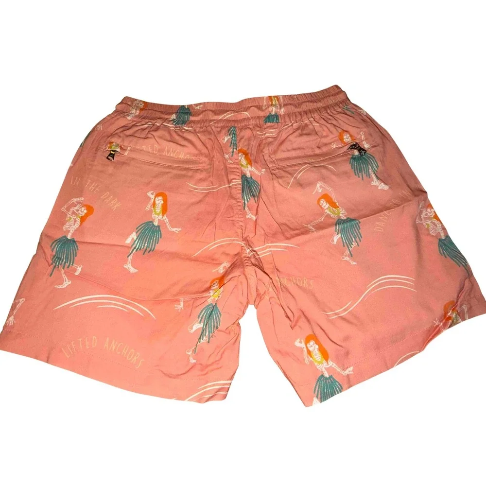 Lifted Anchors Mens Skeleton‎ Hula Dancer Swim Trunks Shorts Coral, Size M, NWT